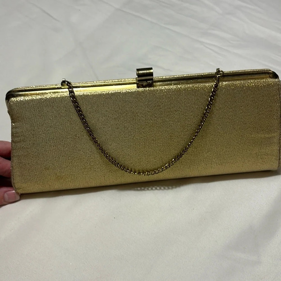 Handbags - Vintage Retro Gold Clutch Bag with Metal Clasp and Chain Handbag Purse